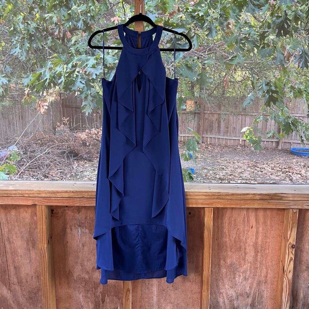 H By Halston Women's Blue Ruffled Sleeveless Hi-Low Dress Size 6